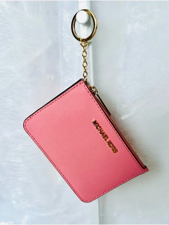 Michael Kors Coral Pink Saffiano Leather Card Holder Keychain - Picture 1 of 5